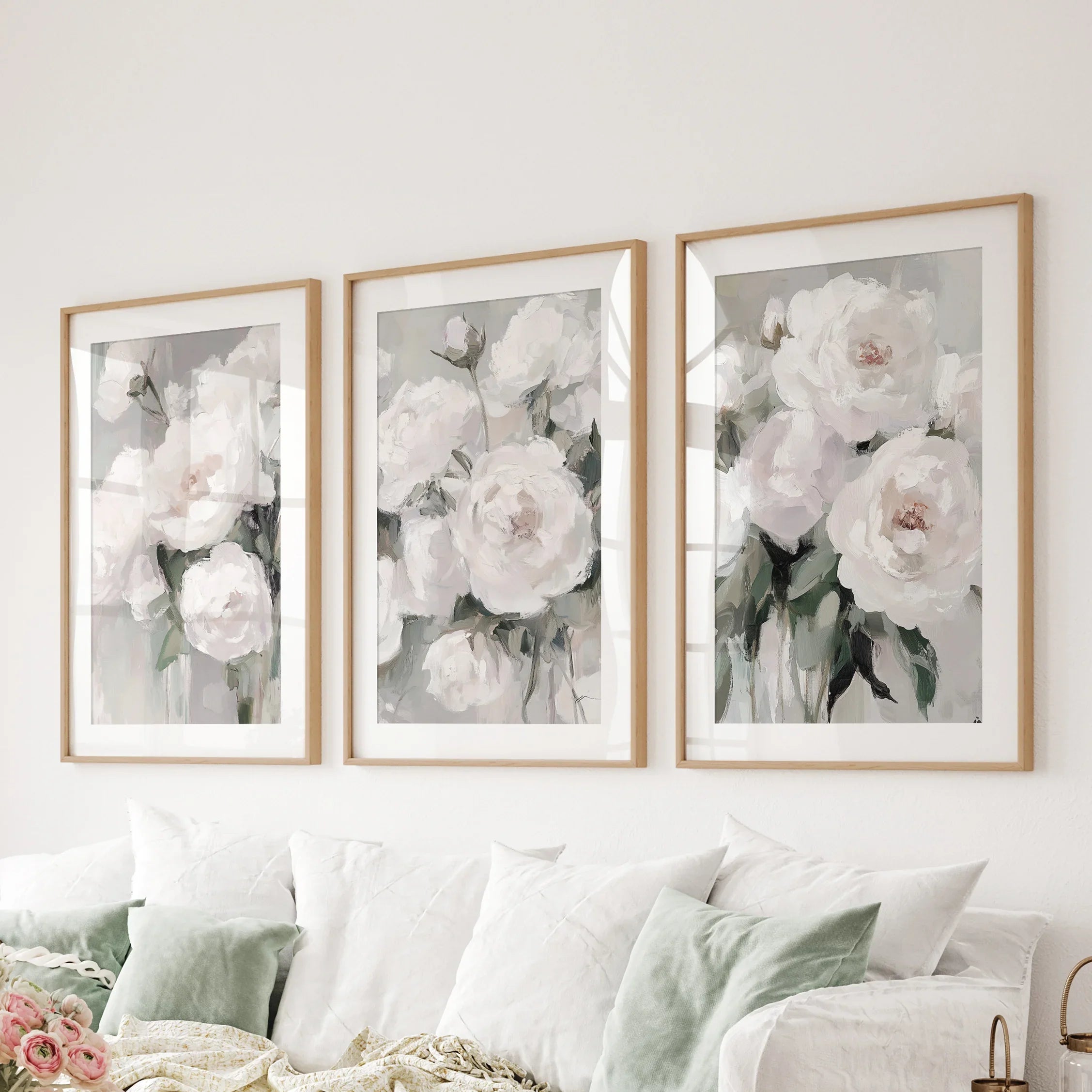 White Peony Floral Wall Art Set of 3 — Romantic Framed Canvas Prints for Bedroom