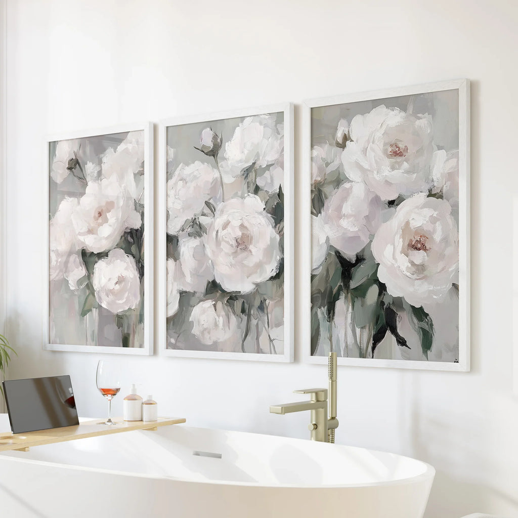 White Peony Floral Wall Art Set of 3 — Romantic Framed Canvas Prints for Bedroom