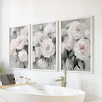 White Peony Floral Wall Art Set of 3 — Romantic Framed Canvas Prints for Bedroom