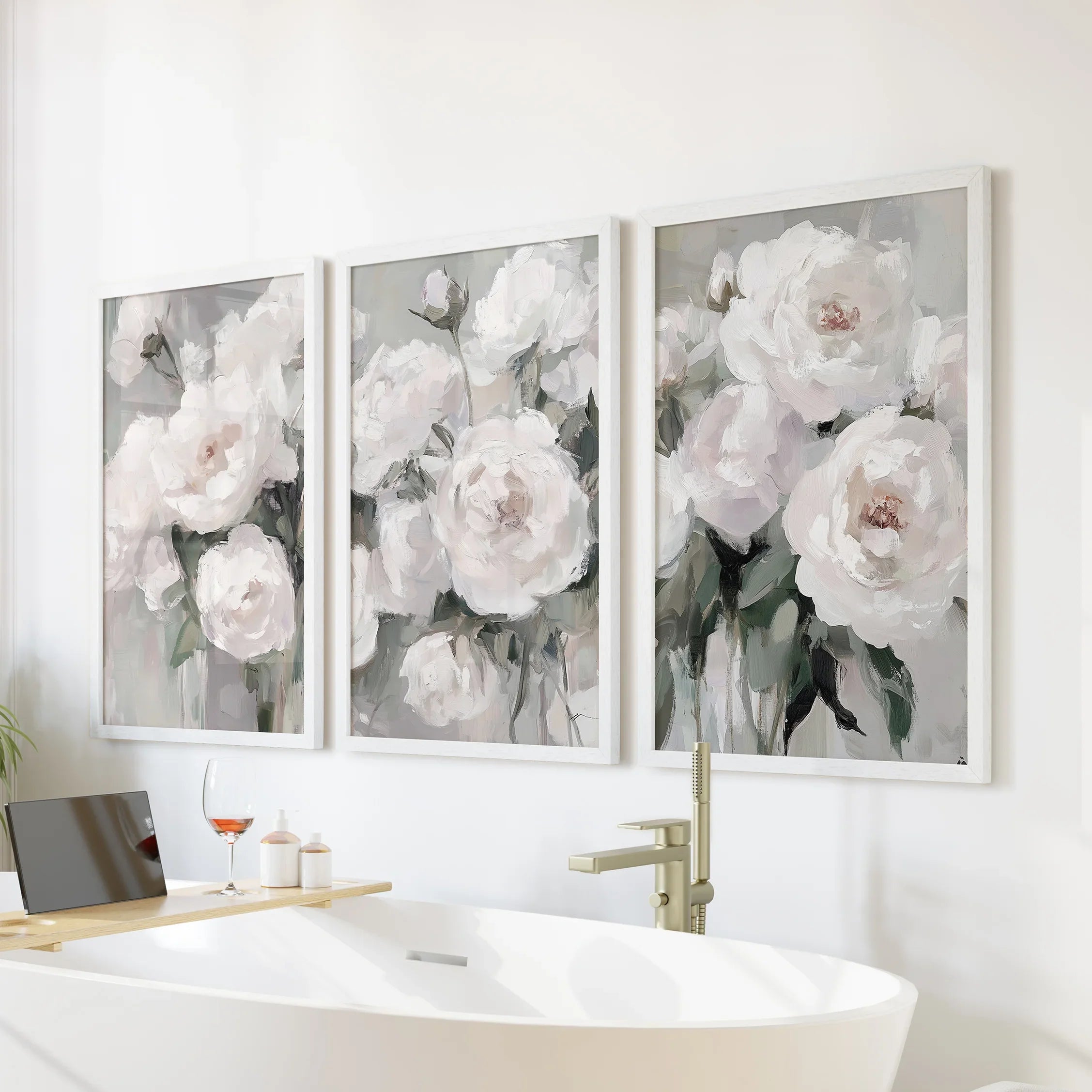 White Peony Floral Wall Art Set of 3 — Romantic Framed Canvas Prints for Bedroom