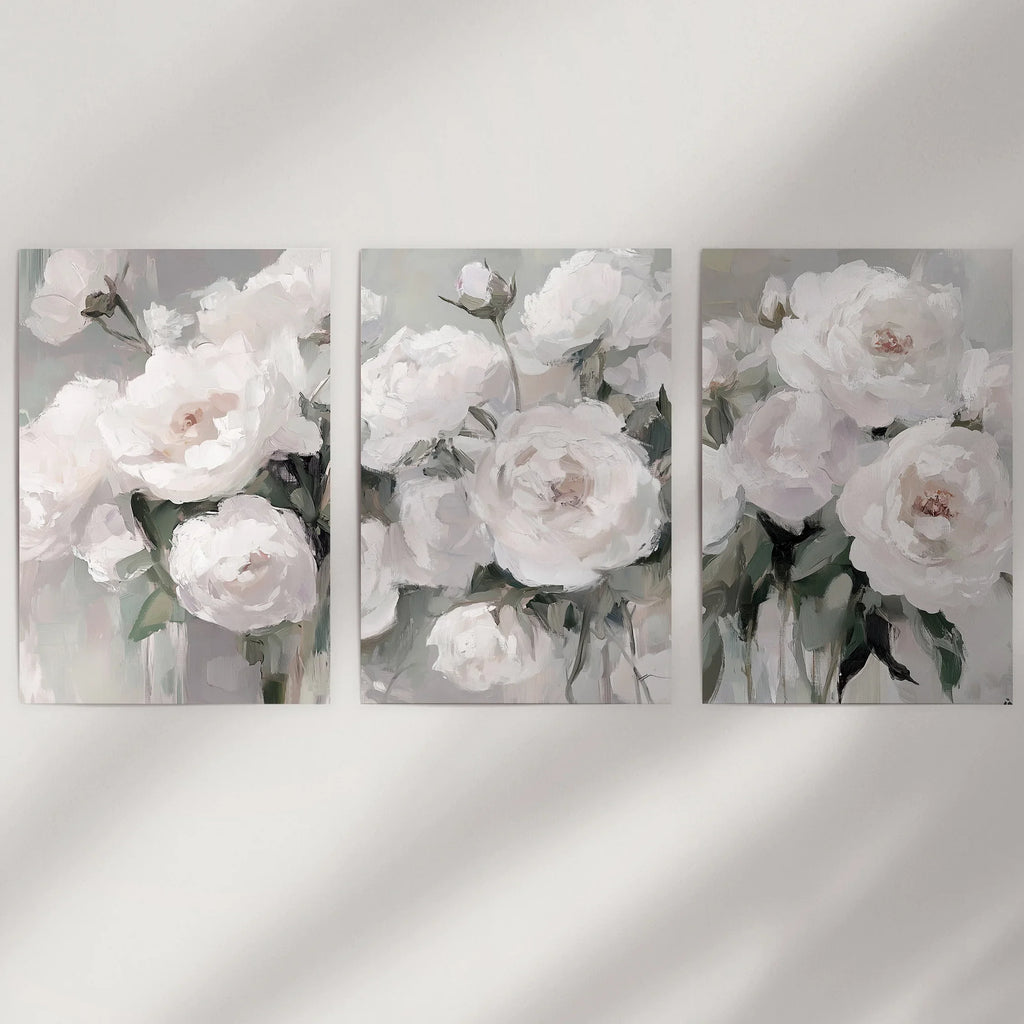 White Peony Floral Wall Art Set of 3 — Romantic Framed Canvas Prints for Bedroom