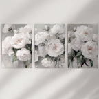 White Peony Floral Wall Art Set of 3 — Romantic Framed Canvas Prints for Bedroom