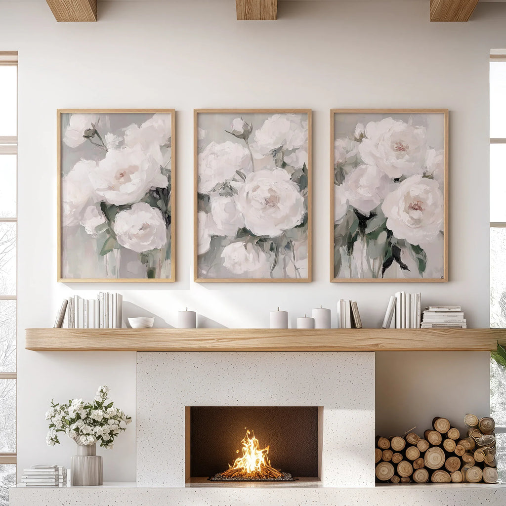 White Peony Floral Wall Art Set of 3 — Romantic Framed Canvas Prints for Bedroom
