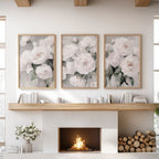 White Peony Floral Wall Art Set of 3 — Romantic Framed Canvas Prints for Bedroom