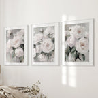 White Peony Floral Wall Art Set of 3 — Romantic Framed Canvas Prints for Bedroom