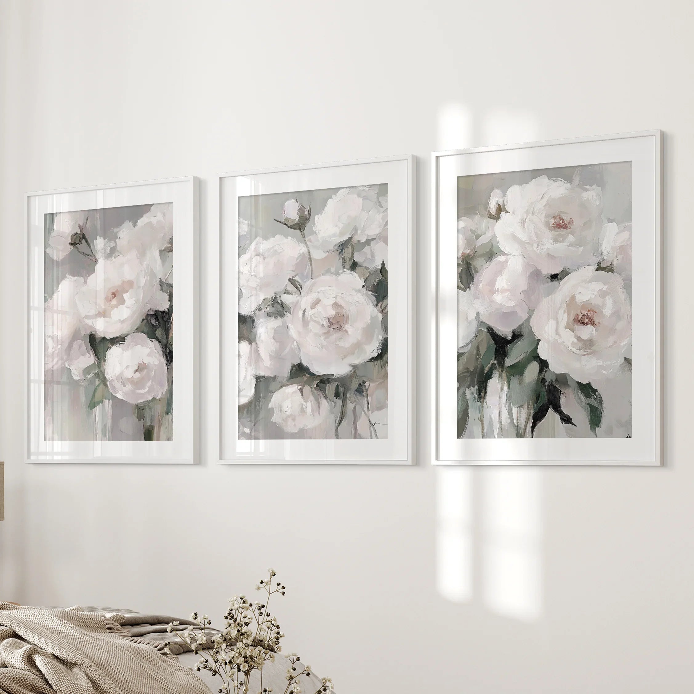 White Peony Floral Wall Art Set of 3 — Romantic Framed Canvas Prints for Bedroom