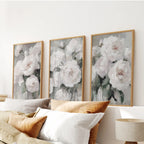 White Peony Floral Wall Art Set of 3 — Romantic Framed Canvas Prints for Bedroom