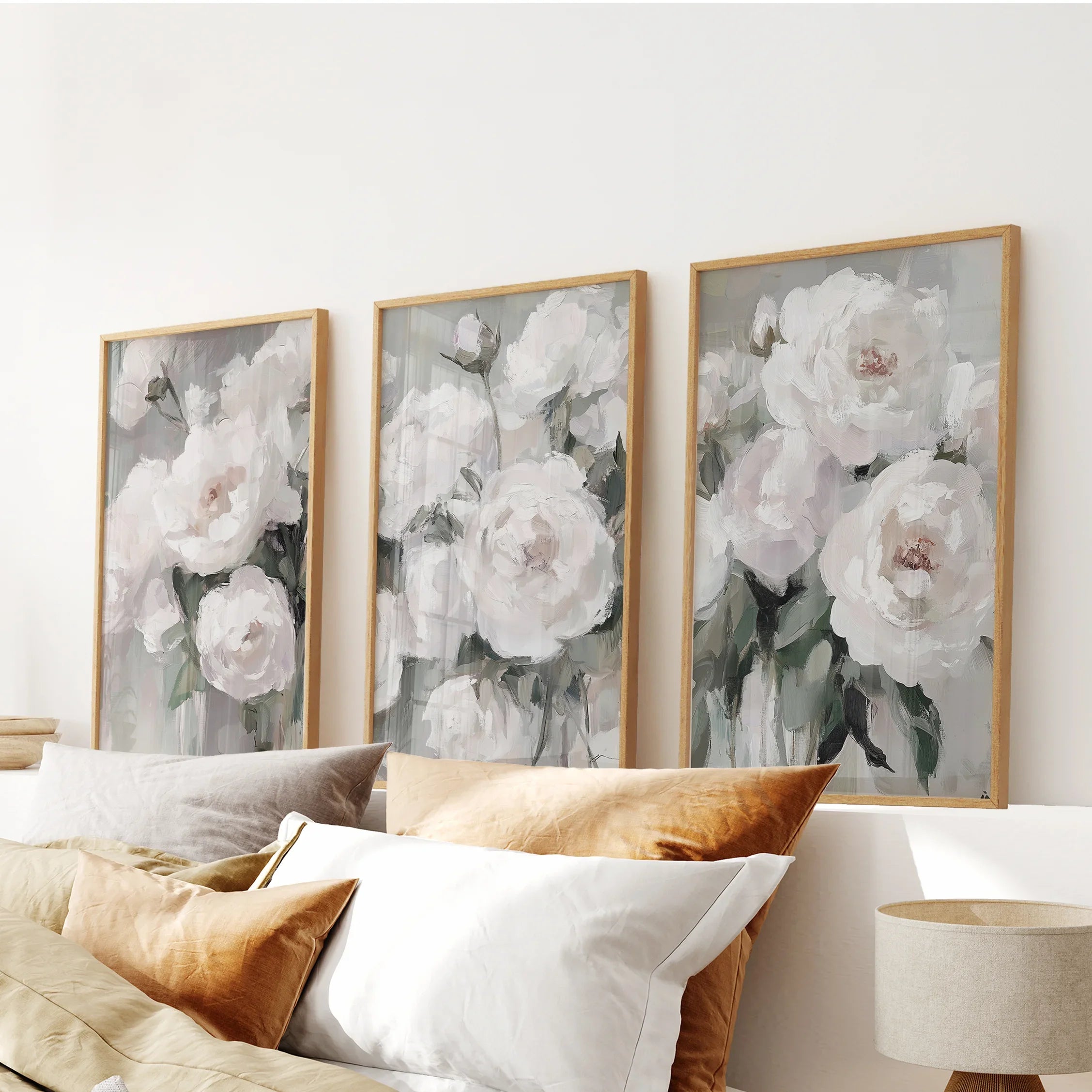 White Peony Floral Wall Art Set of 3 — Romantic Framed Canvas Prints for Bedroom