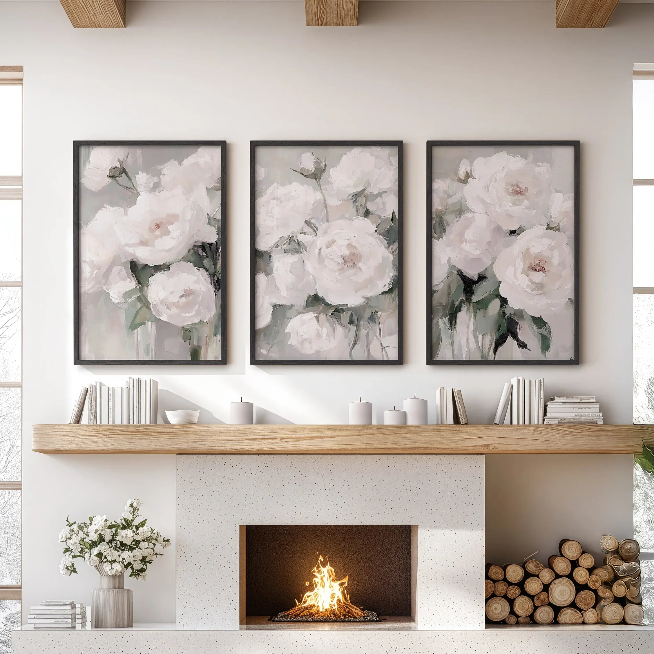 White Peony Floral Wall Art Set of 3 — Romantic Framed Canvas Prints for Bedroom