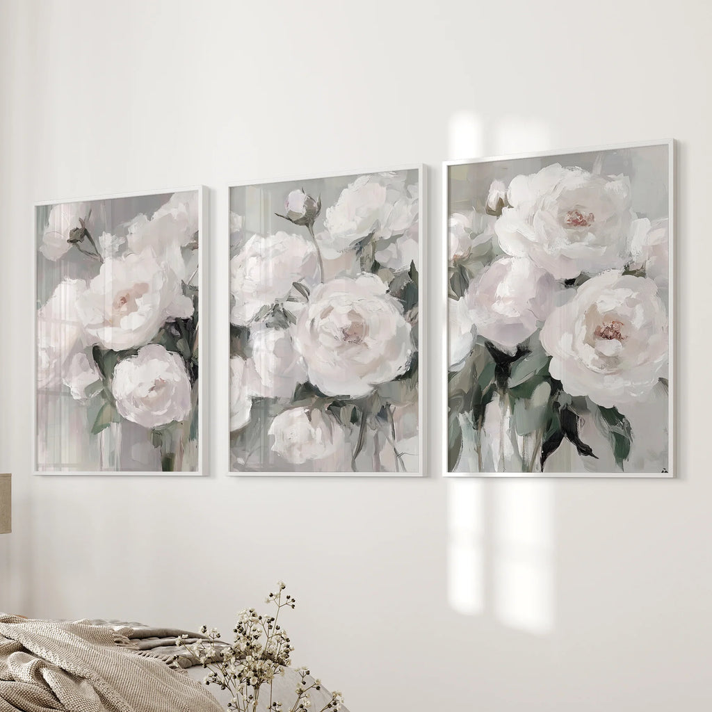 White Peony Floral Wall Art Set of 3 — Romantic Framed Canvas Prints for Bedroom