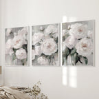 White Peony Floral Wall Art Set of 3 — Romantic Framed Canvas Prints for Bedroom