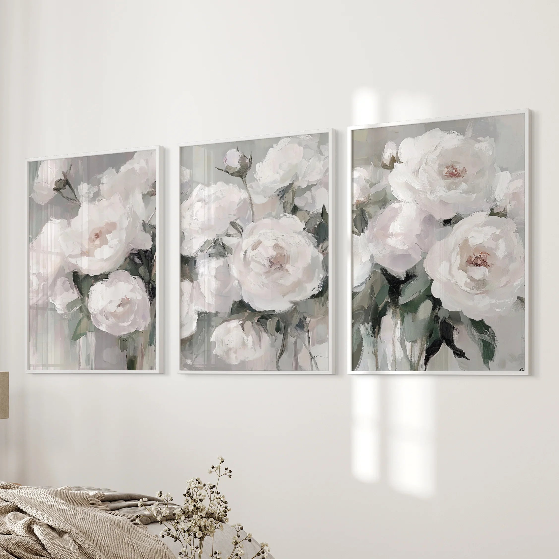 White Peony Floral Wall Art Set of 3 — Romantic Framed Canvas Prints for Bedroom