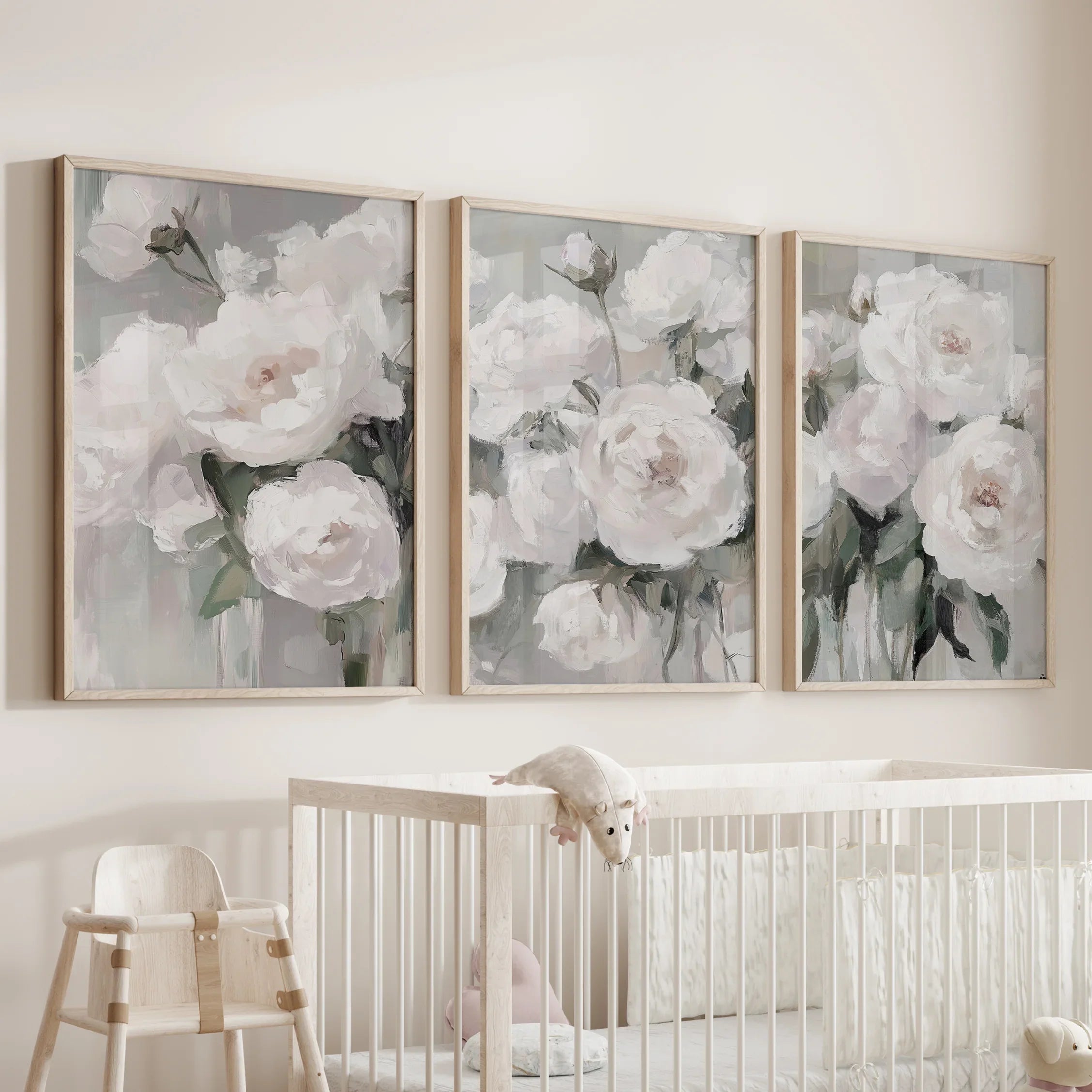 White Peony Floral Wall Art Set of 3 — Romantic Framed Canvas Prints for Bedroom